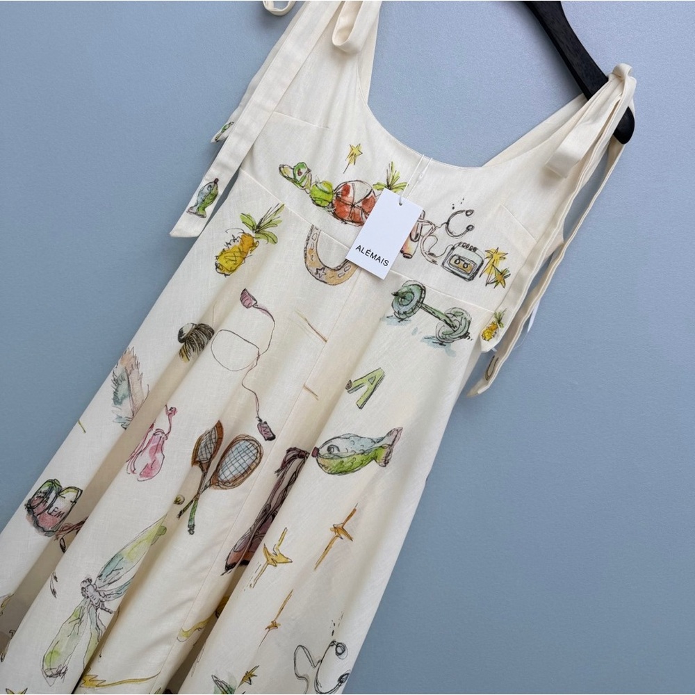 Alemais Cream Midi Dress with Multicolor Illustration Print - Picture 3 of 9
